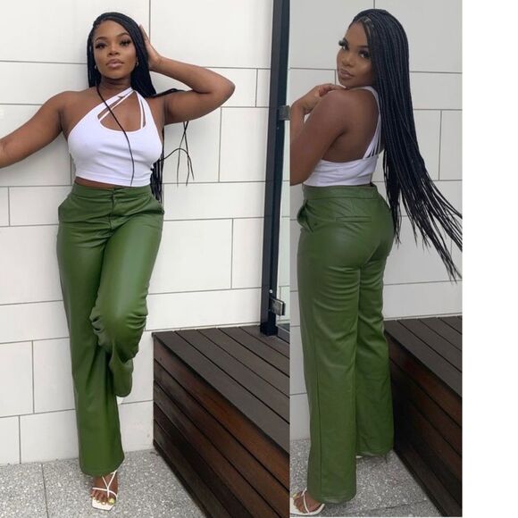 Zara olive green faux leather full length high waisted pants Sz S NWT bloggers - Picture 6 of 16